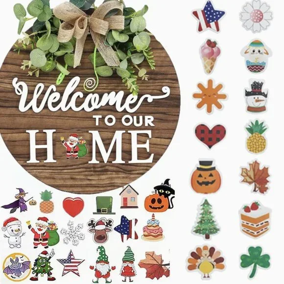 Welcome Sign for Front Door, Seasonal Wreath with Interchangeable Magnets