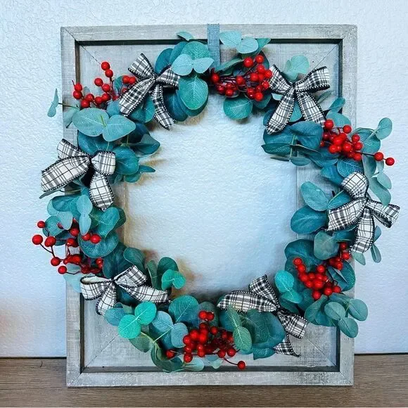 Rustic Wooden Open Frame Holiday Christmas Eucalyptus Wall Wreath Decor