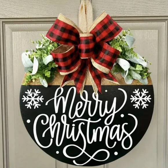 Merry Christmas Rustic Front Door Hanging Sign Festive Holiday Wood Wreath 11.8