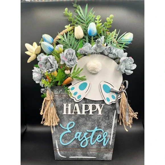 Happy Easter Bunny Bucket‎ Wall Decor Floral Rustic 20.5