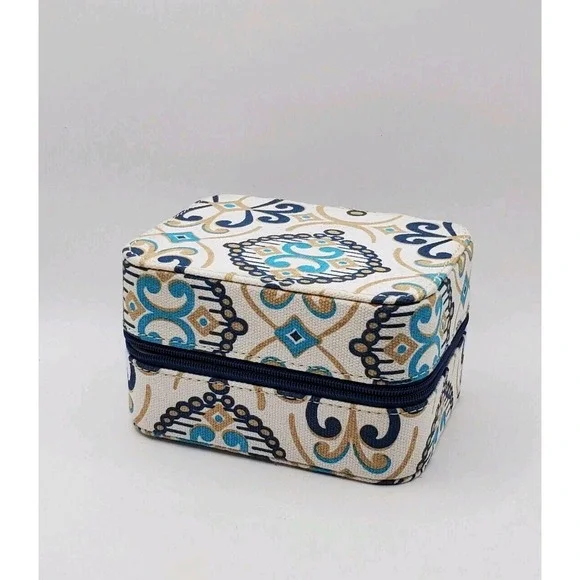 Wellspring Travel Jewelry Case Blue Medallion Damask Zippered Organizer Pouch