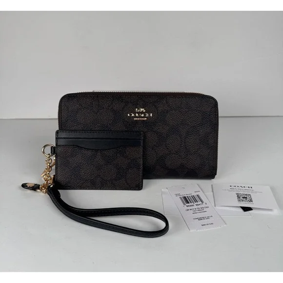 Coach Long Zip Around Wallet &‎ Detachable Card Case Walnut Black NWT