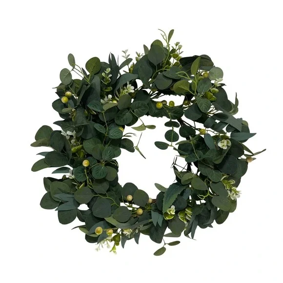 Artificial Eucalyptus Wreath Greenery Green Berries and White Flowers 18 Inch