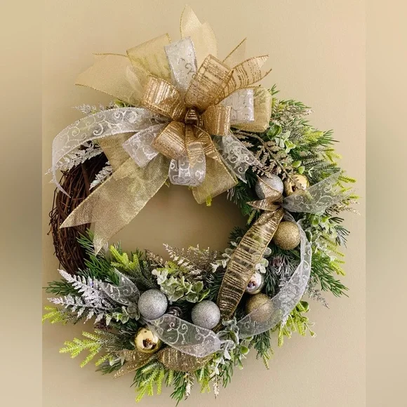 HAND CRAFTED Gold and Silver Ornament Embellished Christmas Wreath