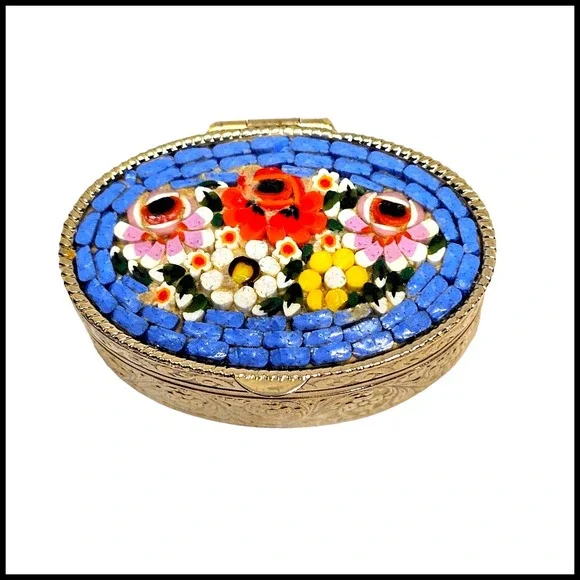 Vintage Flower Micro Mosaic Trinket‎ Box Pill Box Blue Floral