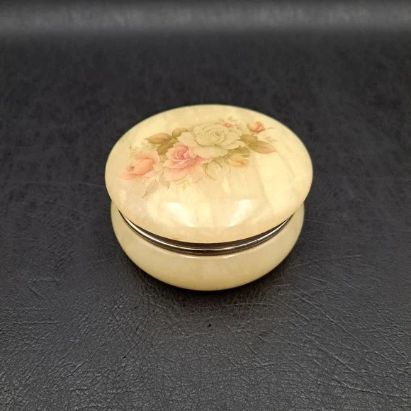 Vintage Alabaster Trinket Box Round Hinged Floral Rose Decal Cream Stone Italy