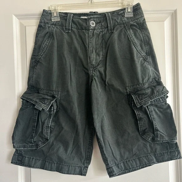 American Eagle Cargo Shorts Mens 26 Black Longer Length Utility Pockets Casual