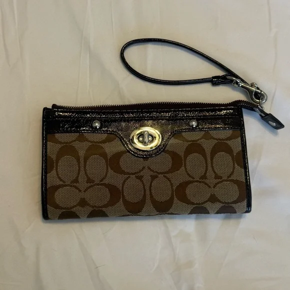 Coach | Brown Signature Canvas Wristlet with Dark Trim