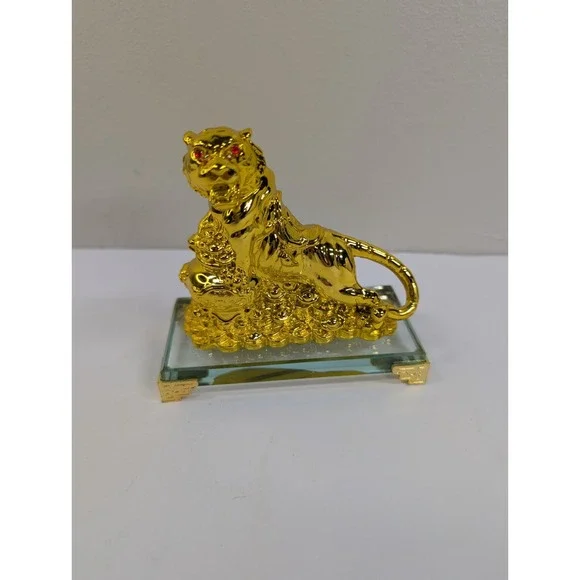 Feng Shui‎ Gold tiger on Glass base statue home decor