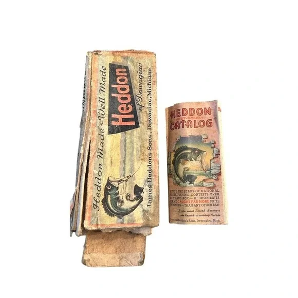 Heddon Fishing Lure Box and Catalog Vintage Dowagiac Michigan Bass Graphic OS