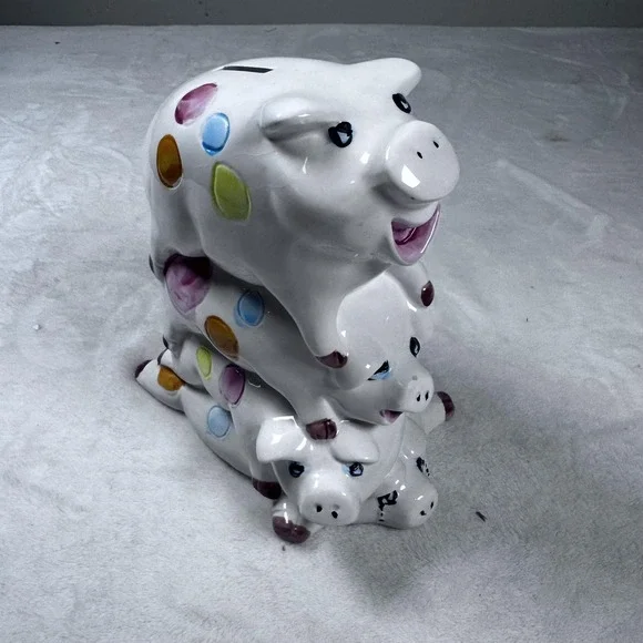 Ceramic Piggy Coin Bank Stacked Three‎ Pigs Colorful Polka Dot White Taiwan