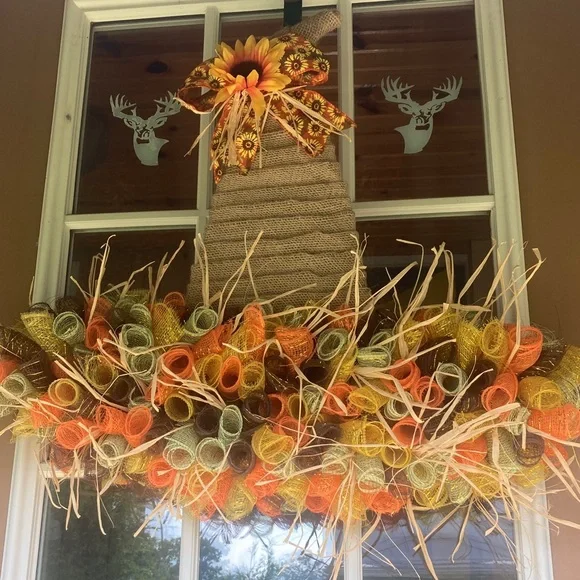 Handcrafted Scarecrow Wreath with Sunflower Bow