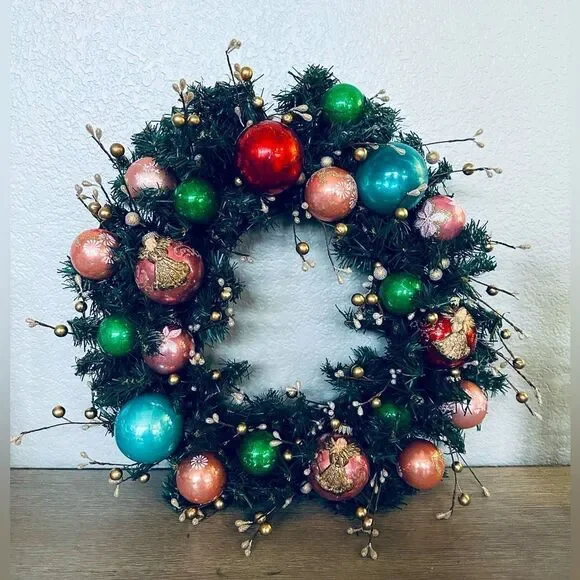 Vintage Christmas Ornaments Pink Gold Angel Holiday Wreath