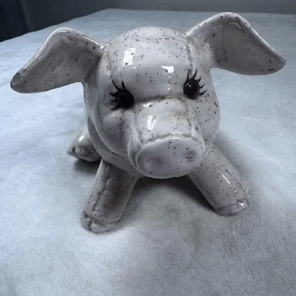 Speckled‎ White Ceramic Pig Figurine Cute Farmhouse Animal Decor Statue 10in
