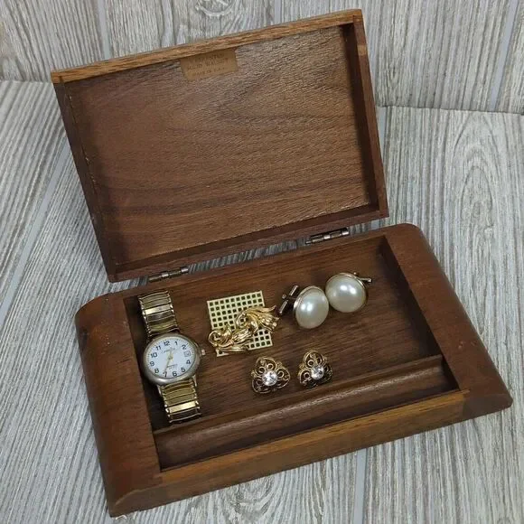 Wooden Jewelry Box with Lot of Vintage Costume Jewelry