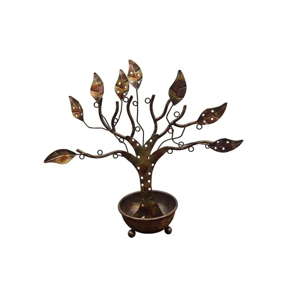 Ancient Graffiti Flamed Copper Metal Jewelry Tree Stand Organizer Made in India