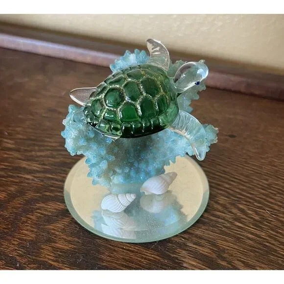 Miniature Glass Sea Turtle Figurine on Coral Coastal Nautical Collectible