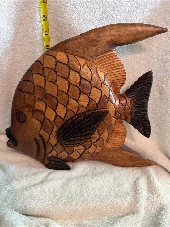 Vintage Hand Carved Wood Angelfish Wall Sculpture 13