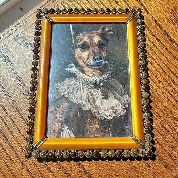 Vtg enamel & faux gemstone picture frame copper 4x6 photo Royal Dog art print
