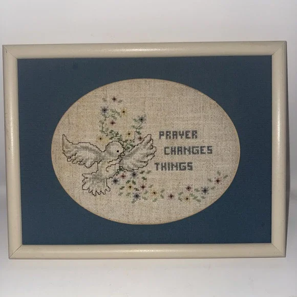 Vintage Needlepoint Picture 10x13 White Framed Matted Dove Prayer No Glass
