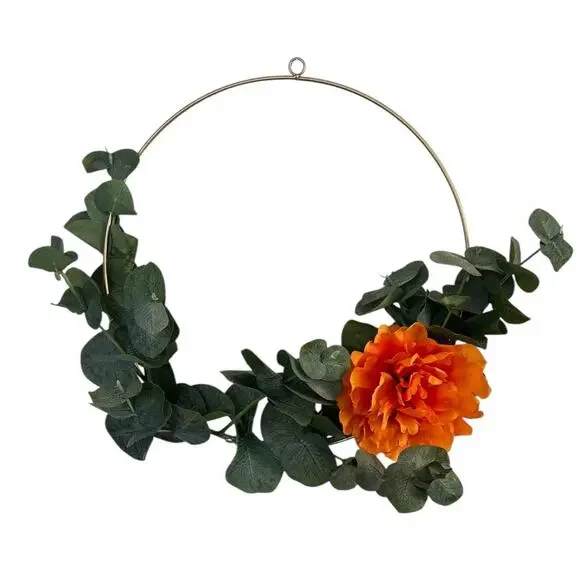 Minimalist Fall Hoop Wreath with Orange Peony & Eucalyptus 12