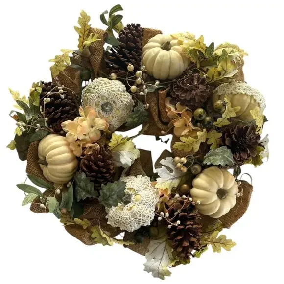 Rustic Fall Wreath With Pumpkins Pinecones & Burlap Ribbon 22