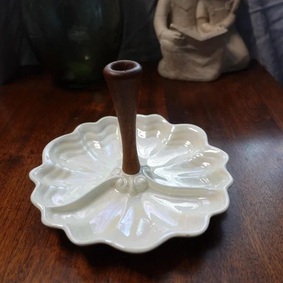 Vintage‎ Maddux Ceramic Tidbit Tray: Iridescent Clam Shell with Wood Centerpiece