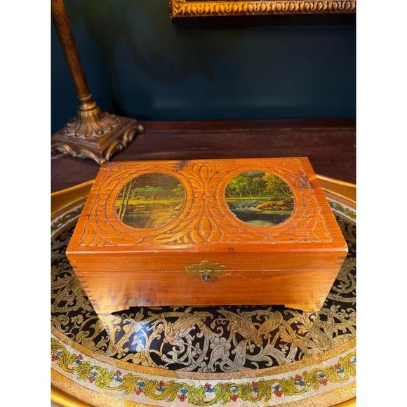 1950s Cedar Vanity‎ Box with Mirror and Carved Scenic Lid – Keepsake Box