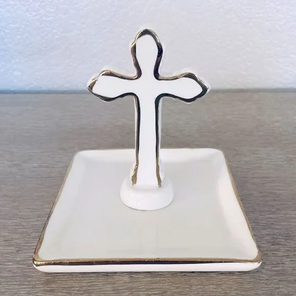 Christian Cross Ceramic Jewelry Trinket Tray