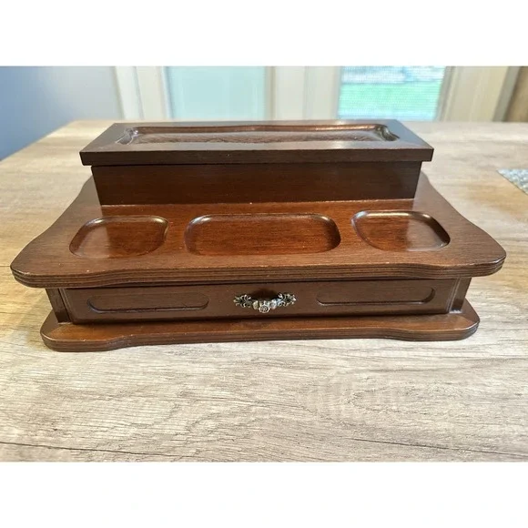 Vintage Wooden Valet Jewelry Box Ring Organizer W/ Drawer Tray London Leather