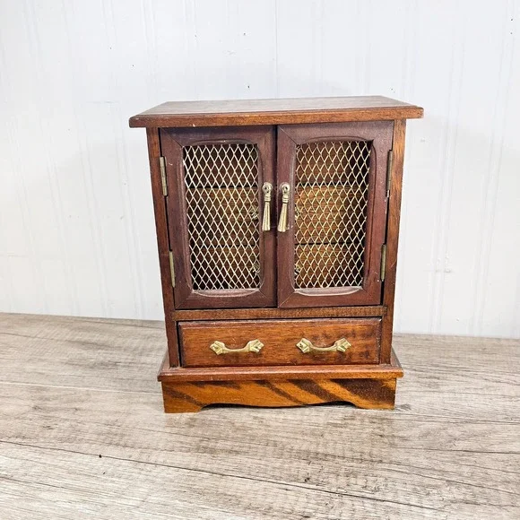 Vintage‎ Wood Musical Jewelry Box Armoire Cabinet Mesh Doors Brown Gold Hardware