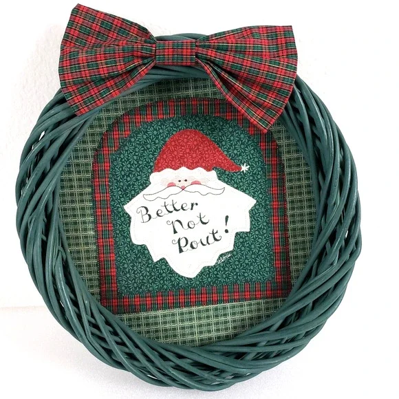 Handmade Green Wicker Wreath Better not Pout Xmas Christmas Decor Quilted Design