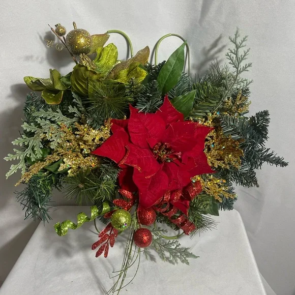Christmas Wall Swag Poinsettia Red & Green Glitter Picks Holiday Décor
