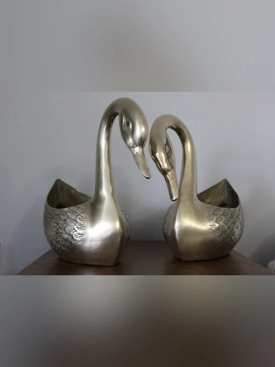 Vintage 1970s extra large Brass Swan Planters set of 2