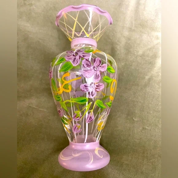 Vintage glass vase Handpainted flowers lattice UBV
