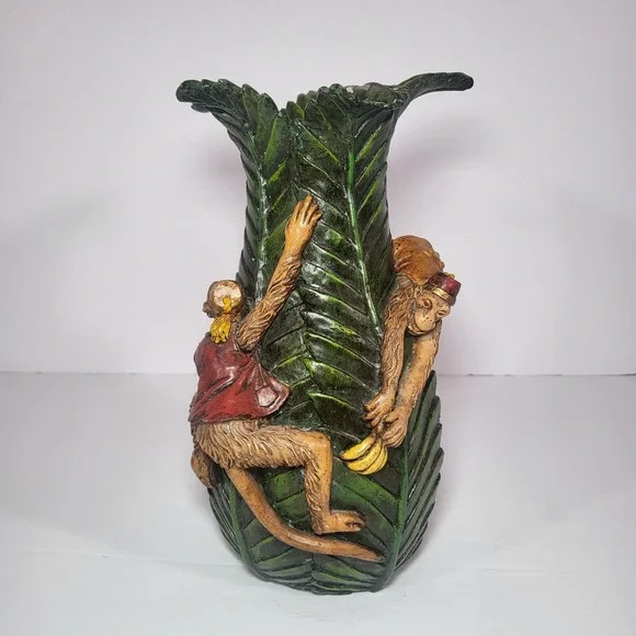 Cedar Creek Collection 3D Palm Leaf Monkey & Banana Resin Vase - Tropical Decor