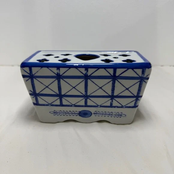 Antique Delft Blue & White Porcelain Faience Flower Frog Vase Brick 6
