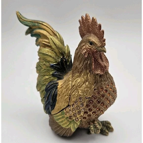Bejeweled Rooster Metal Trinket Box Hinged Enamel‎ Interior Crystal Embellished