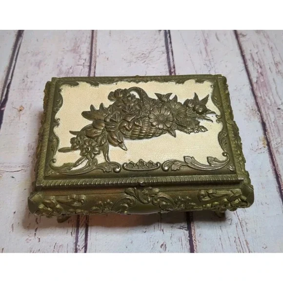 Vtg. Ornate Metal Footed Jewelry‎ Casket Box Made In Japan