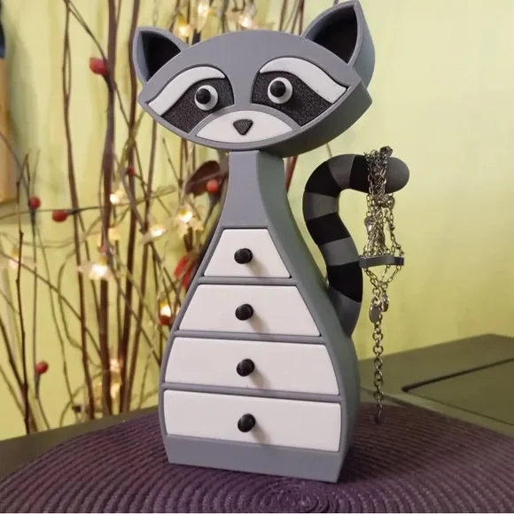 3D Printed Gray & White Raccoon Jewelry Box Holder.