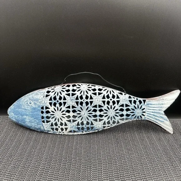 Metal Fish Wall Sculpture Blue White Brown Coastal Nautical Decor