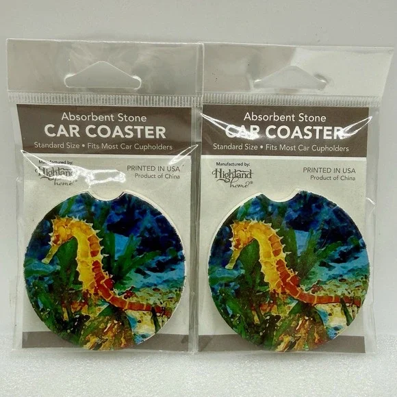 Highland Home Absorbent Stone Car Coasters Seahorse Lot of 2