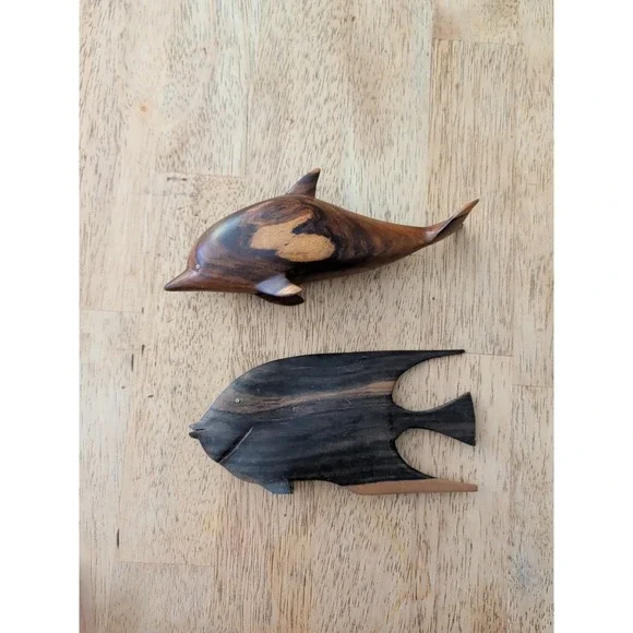 Pair Of Vintage Wooden Dolphin And Fish Carvings