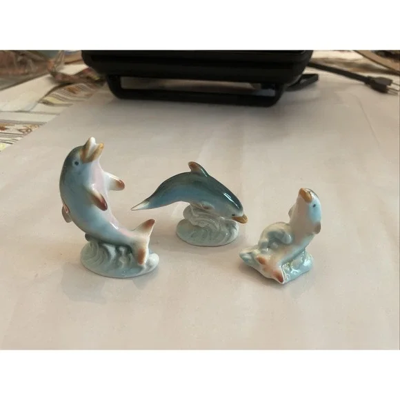 Vintage‎ Bone China Japan Brilliant Set Of 3 Dolphins In Waves