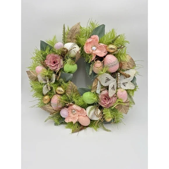 Large EASTER Floral Decor Wreath Eggs Butterflies‎ Capiz Shells