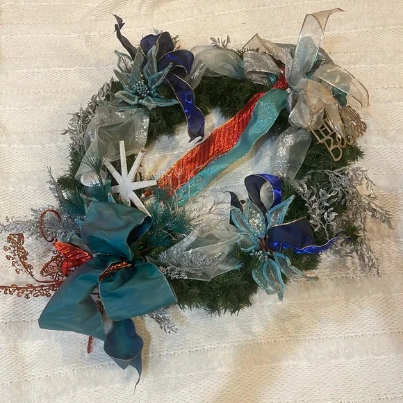 Christmas holiday wreath beach nautical turquoise silver blue red green large