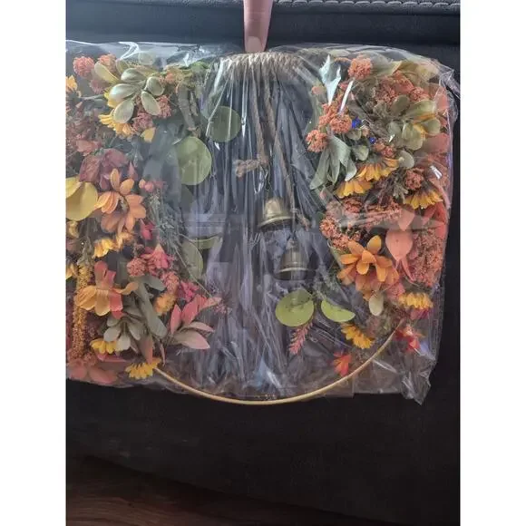 Autumn Hoop Wreath with Brass Bells Fall Floral Door Decor Rustic Farmhouse s29