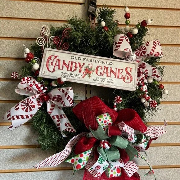 Candy Cane Christmas Wreath Holiday Decoration Winter Door Decor Sign 14 in base
