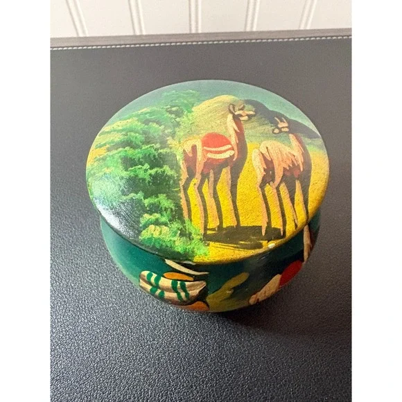Vintage Hand Painted Wooden Trinket Box Llama Folk Art Mountain Scene Round Lid