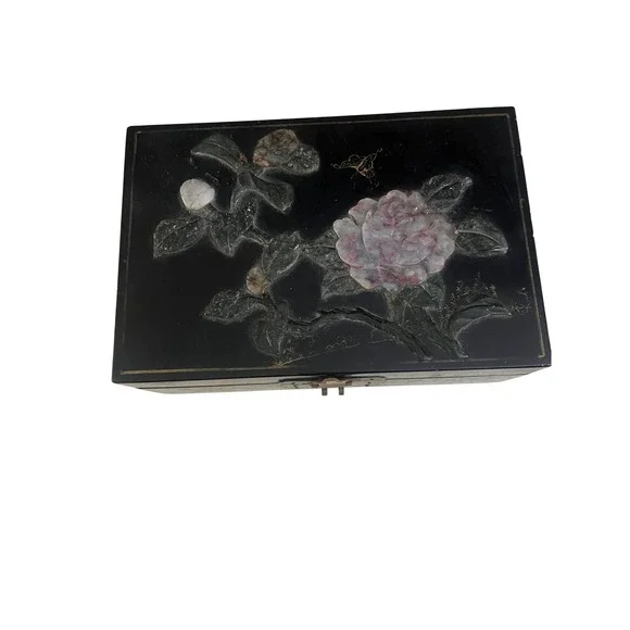 Vintage‎ Chinese Black Lacquer Jewelry Box Soapstone Inlay Peony Butterfly Large